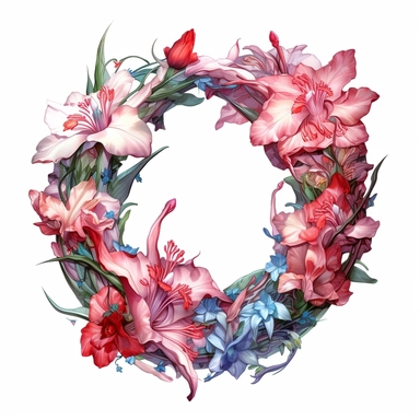 wreath of Gladiolus light watercolor clipart, centered, isolated on white background, James Jean and Peter Mohrbacher