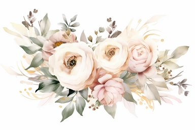 Dusty pink and white flowers, ranunculus, peonies, austin roses, big blooms, with muted green whispy foliage with gold flicks, elegant and beautiful floral clipart for wedding invitations, delicate, watercolor, oil painting, defined edge on white background