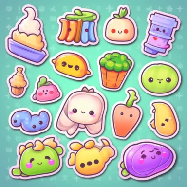 clipart elements, series of stickers, super cute sweets , kawaii style, each sticker with a white outline, light grey background