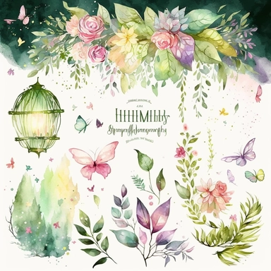 A mesmerizing watercolor clipart collection featuring elements from llustration of a magical forest inspired by Shakespeare's A Midsummer Night's Dream. lush green trees adorned with twinkling fairy lights, Delicate flowers bloom in vibrant colors, while mischievous fairies flit through the air, leaving behind trails of sparkling dust, ethereal ambiance. whimsy and enchantment,