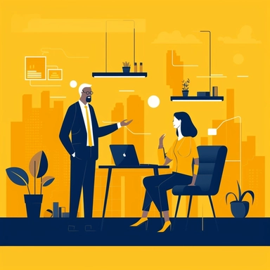business day, slightly smiling woman and man in business clothes are talking in a large office, age fifty, a man has a laptop in his hands, a woman has a planning and a yellow pen in her hands, business style, vector clipart, 8k,