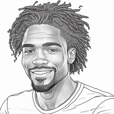 monochrome classic coloring book page of full body head to toe clipart style of smiling, handsome African American man with smooth skin no blemish, he has round detailed eyes, chiseled face with hair, hyper realistic, hyper detailed, hair is short curly dreadlocks, wearing a full African outfit, line art, 8k polished focused photography, there is no background on this image