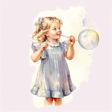 vintage adorable little girl blowing soap bubbles, pastel colors, clipart style, watercolor technique, super high quality, professional watercolor clipart, high resolution