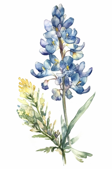 watercolor, Bluebonnet flower, clipart hd, on white background, dreamy, spaced out