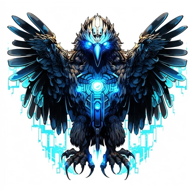 a glowing tribal eagle with blue lights on his eyes, tribal animals, in the style of bold black outlines, manhwa character design, master of shadows, burned/charred, himalayan art, dark black and light azure, 2d game art, quadratura, clipart, on white blackground