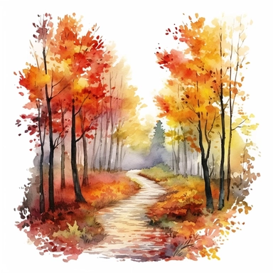 watercolor, hyper realistic, white background, white margins, 16k, ultra detailed clipart, cut out image, hand-drawn a winding pathway through a forest, with tall trees on either side displaying vibrant shades of red, orange, and yellow. Add fallen leaves on the ground to enhance the autumn atmosphere.