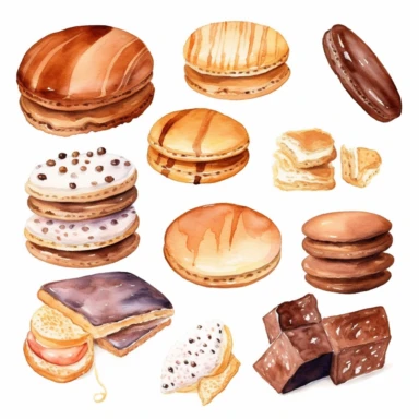 Imágenes prediseñadas de galletas de acuarela. Dulces y postres clipart. Galleta con chispas de chocolate. hand painted ilustration, white background