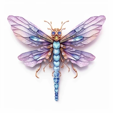 Cute Beautiful Pastel Magic Crystals Dragonfly Sublimation Clipart,Cartoon, hyper realistic, intricate detail, illustration style,high solution,on the white background