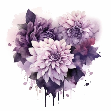 a heart shape made with Soft Purple and Pastel Purple Dahlia flowers, wet on dry watercolour style, dark gothic antique look, clipart, white background