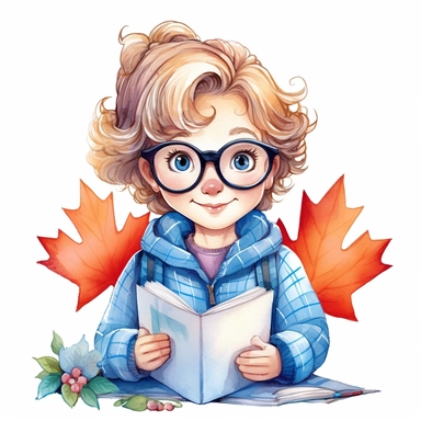 a happy little cute girl in a five-year-old, white short, blue jacket, book, glasses, maple leaf, style by Lusy Fleming, folk art, watercolor, clipart elements, smooth gradients, black contour outline, ultra detailed, white background, super clear, high quality