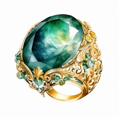 gold rococo ring with large emerald, watercolour painting , detailed , intricate white background. clipart