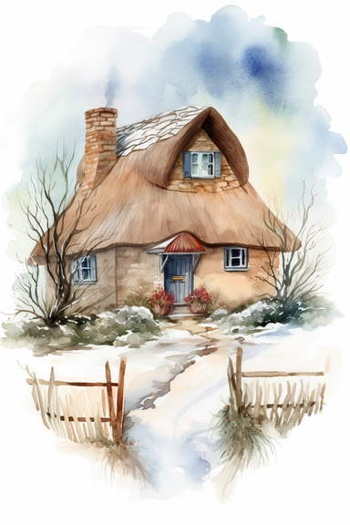 a watercolor clipart on a white background of a charming cottage covered in a blanket of snow, nestled in a winter wonderland. The cottage should have a thatched roof, stone walls, and a chimney with smoke coming out