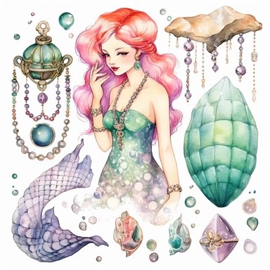 watercolor clipart mermaid clipart , jewels, treasure chest, pearls , shells with pearls, cute fish, seaweed , cartoon detailed