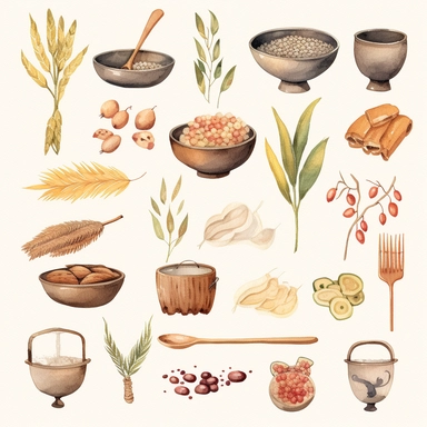 Watercolor 반찬, illustrations clipart set, simple, soft colors, cartoon elements, different variants, rice, 김치, 도라지나물, 가지나물, 파전, 단무지, 잡채, 미역무침, 콩나물, porcelain elements, chopsticks , separate elements with a margin