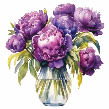 Bouquet of beautiful large dark purple peonies in transparent vase, standing in front of the the french door open to the french south of france garden, clipart, watercolor Illustration, Sublimation graphics, by Beatrix Potter, single design, print on demand image, PNG transparent background, white background, 8k