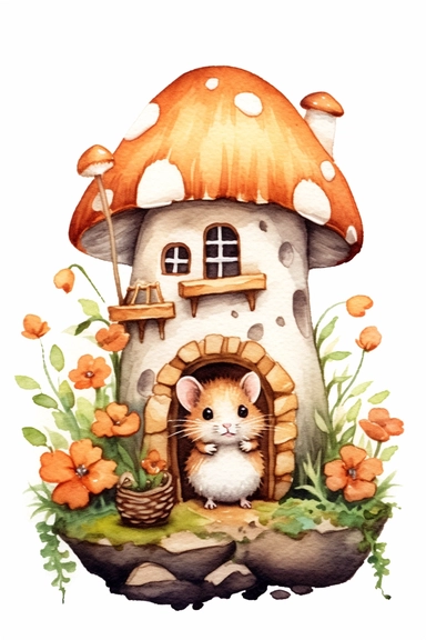 Create a watercolor clipart picture of a hamster living in a mushroom house , white background. The hamster should have a cute and happy expression, with its fur depicted in soft watercolor textures. Surround the hamster with small flowers and greenery, adding a whimsical touch to the scene.