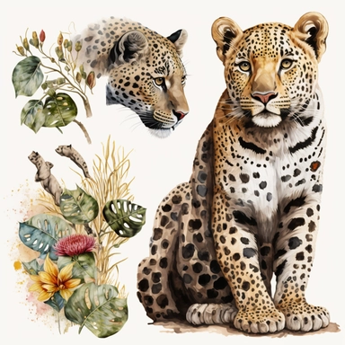 Leopard Watercolor, watercolor clipart, Tropical, Africa, African Animals, watercolor clipart, baby shower, transparent background, png, high detail, 8k - d, 32k