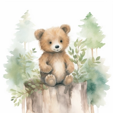little baby, brown bear,neutral nursery art,summer outfit,cute bear, Baby attire,intricate,disney, baby light green,baby light blue, baby light ocher,hairy, cotton, beautiful trees,enchanted Forest,realism, watercolor painting, spring enchanted Forest, solid background, white background, vintage outfit, oil painting, photobashing, tattoo design,clipart--v 5