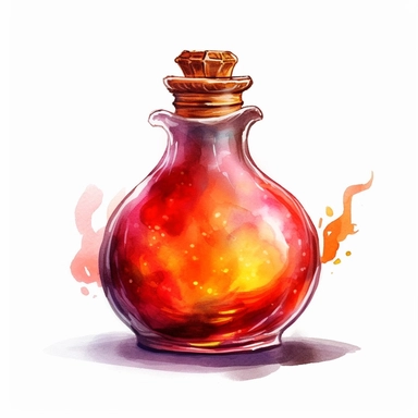 Create a mesmerizing piece of clipart featuring a red fire potion, with a plain and high contrasted background, using a watercolor technique to give it a more realistic appearance. Let the potion glow with fiery hues and the clear glass container reflect the light, immersing the viewer in its captivating charm.
