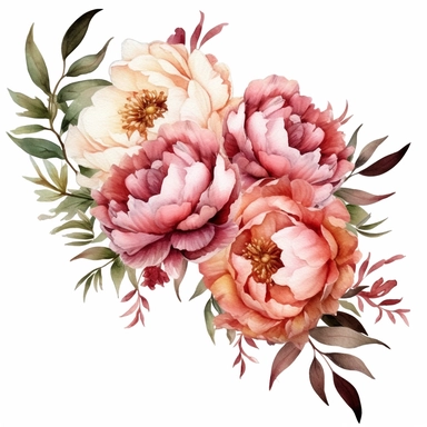 clear watercolor burgundy and peach peonies in corner arrangement border, hyper detailed, high definition, ultra realistic, clipart, white background,