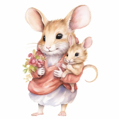 a mom mouse carrying a cute little baby mice, watercolor, clipart, hd, detailed