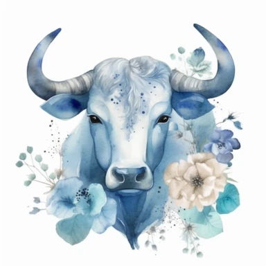 zodiac sign Taurus, animal, flowers, watercolor Clipart, blue watercolor, modern design, isolated white background, 8k,