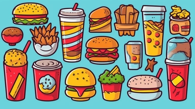 fast food vector clipart vector fast food cute collection, in the style of #screenshotsaturday, flat areas of color, flat color blocks, 1970–present, rough-edged 2d animation, lightbox, colorful animation stills