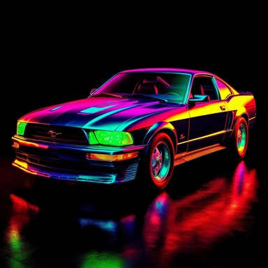 1995 Ford Mustang, bold colors, retro neon style, photorealistic, high-resolution photography, transparent background PNG clipart – ar 16:9