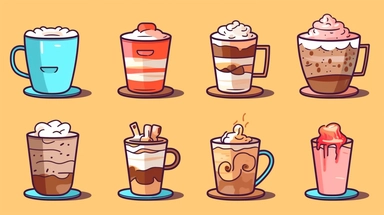 Warm Drinks vector clipart vector Warm Drinks cute collection, in the style of #screenshotsaturday, flat areas of color, flat color blocks, 1970–present, rough-edged 2d animation, lightbox, colorful animation stills
