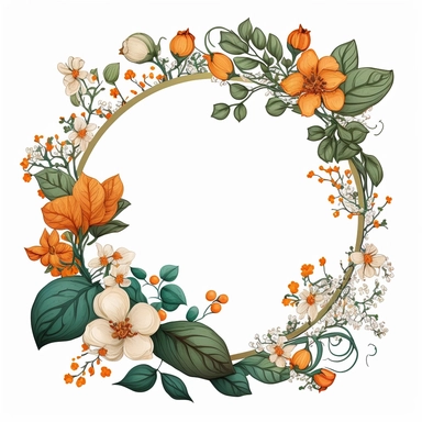 circle Botanical Frame, orange flowers, white background, clipart, art nouveau