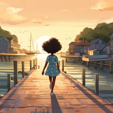 pixar illustration of Harper swalking down block in Sag Harbor town , An illustration of fiver year old light skin happy black girl with curly afro, walking down a block in sag harbor ,sittin looking out onto the harbor , whale wacthing ,from the community's stunning Sunset Beach, east hampton , summer vaction, beach town , summer days , muted tones , shy warm heart , pixar , hyper detailed , smooth skin realistic animated — Happy Black Girl Smiling art,black girlsclipart, Funny black girl , Che