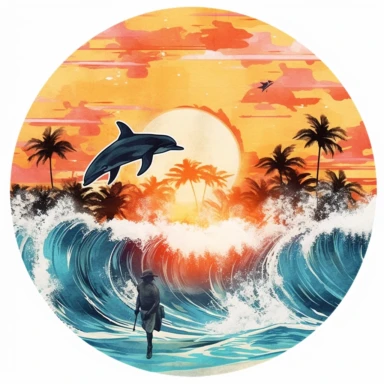 Miami beach Watercolor Ocean Man Surfing Big Wave With Dolphins Retro Sunset Clipart Colorful and white Background
