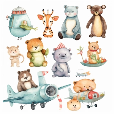 Airplane watercolor clipart set Cute animals illustration
