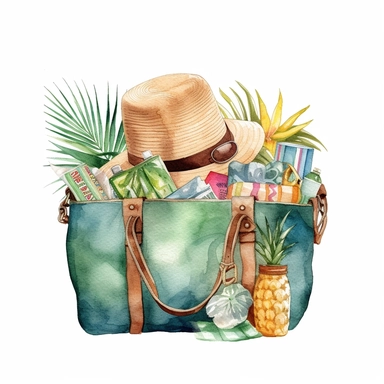 watercolor clipart of a stylish beach bag filled with essentials for a tropical getaway, hd, white background q 2