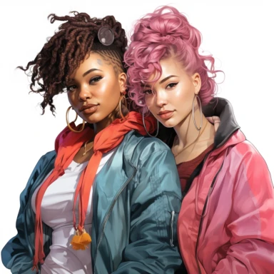 realistic illustration of two african american girls in their twenties. modern look, accesories, new look hairstyle, clothes in black and other intensive colors (for example purply, pink, turquoise, blue, yellow), clipart, isolated on white background, 4K