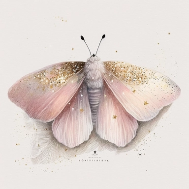 A pale pink moth, on a bed of glitter, white, gold, glitter, fantasy, realistic illustration, watercolor, by Dinara Mirtalipova, by Disney, bright and airy Colors, concept art, white background , clipart