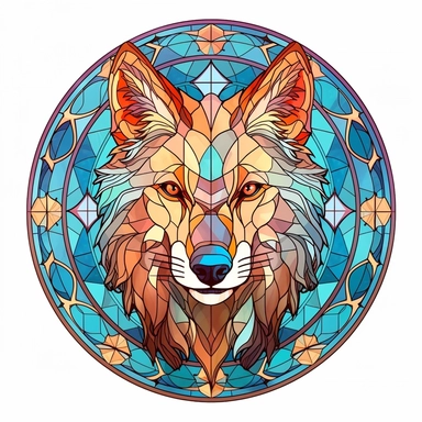 Vintage Colorful Beautiful Round Stained Glass Wolf Sublimation Clipart,Cartoon,hyper realistic, intricate detail, illustration style,high solution,on the white background