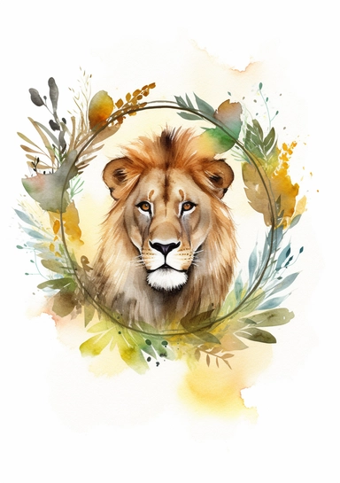 A realistic African lion surrounded by a wreath of savanna grass, baobab, and marula, artistic watercolor clipart, no cutoff