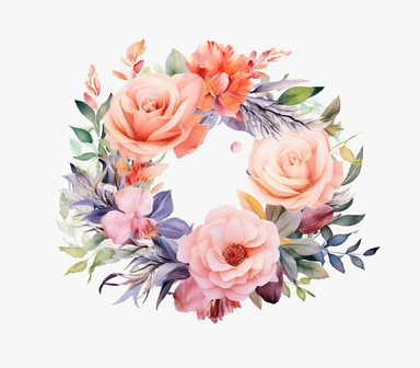 Delight in the beauty of nature with this 3D watercolor clipart featuring a stunning floral wreath against a clean white background. The artwork showcases a harmonious arrangement of vibrant flowers, each delicately painted with soft brushstrokes and rich, captivating colors. The mood of the clipart is tranquil and enchanting, evoking a sense of serenity and natural elegance. The white background serves as a perfect canvas for the intricate details and vibrant hues of the watercolor flowers, cre