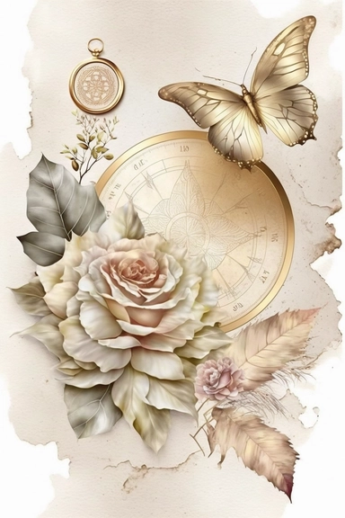 Weathered watercolor pastel clipart, soft light, white background with old page damaged by time, embossed compass, love, white beige gold rose petals, white gold butterfly, gold embossed details