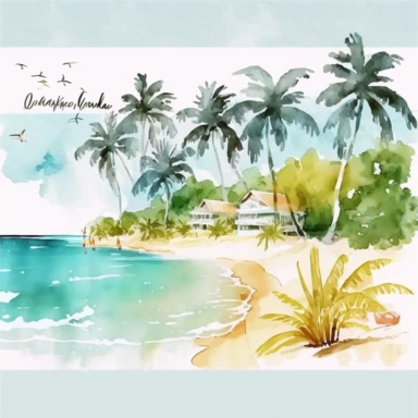 A delightful watercolor Tropical Beach Landscape clipart with a transparent background, showcasing a picturesque beach scene. The clipart features golden sandy beaches lined with palm trees, their fronds rustling in the ocean breeze. The crystal-clear waters invite swimmers and beachgoers to enjoy a refreshing dip. With its vibrant colors and SUMMER VIBE, this clipart is perfect for creating stunning holiday-themed designs or adding a tropical touch to any creative project. The clipart is availa