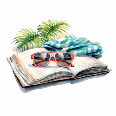 clipart, white background, watercolour, 2d illustration, no shadow, a beach towel with tropical patterns on it laying on sand, On this towel is an open book and next to it is a pair of sunglasses.