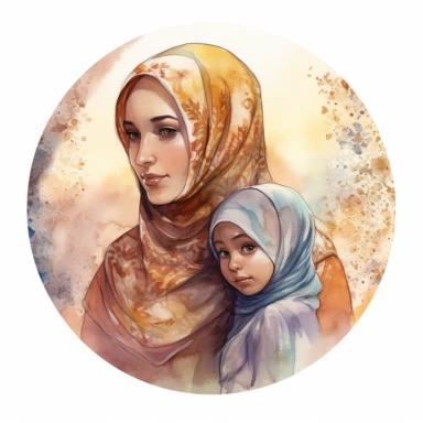 A portrait of a Muslim mother with her hijab carrying her child in her arms in a religious medallion watercolor clipart, realistic,high details, high quality