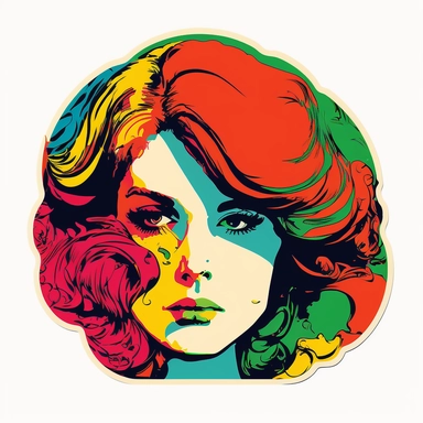 clipart sticker pop-art beautiful woman showing full torso, head, and hair, close up, bright 1960s colors, medium skin and hair, style of andy warhol. isolated on a white background