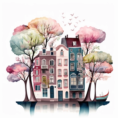 Very very cute and Whimsical quirky row houses, Amsterdam canal, bridges and water, town houses, tree blossom, colorful, Watercolored illustration in the style of Michael Powell, clipart, white background, multiple concept design