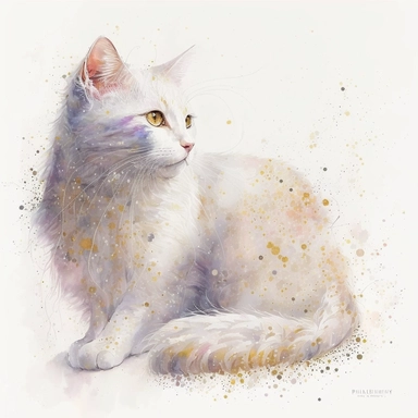 A white cat, glitter around, white, gold, glitter, fantasy, realistic illustration, watercolor, by Dinara Mirtalipova, by Disney, bright and airy Colors, concept art, white background, clipart