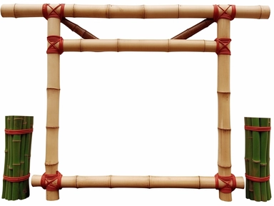 Frame made of dark green with red veins bamboo rods whith two feet, african style, immediate foreground, white blank empty canvas, clipart, isolated, white background, extremely detailed, photo realistic, high resolution, realistic, 8K