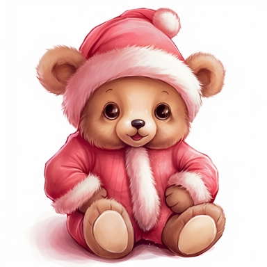 cute Baby teddy bear in pink christmas Santa suit clothes, clipart, no words
