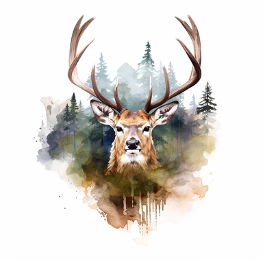 double exposure, deer head and forest,watercolor,white background,clipart