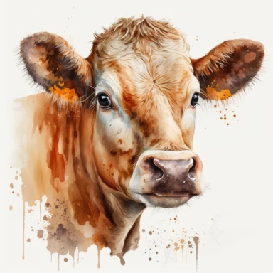 detailed watercolour 4k cute orange brown amber old adult big cow face clipart white background